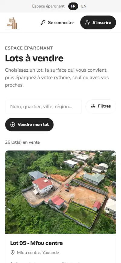 Application WBG Immo : page d'accueil avec la recherche et la liste des lots à vendre
