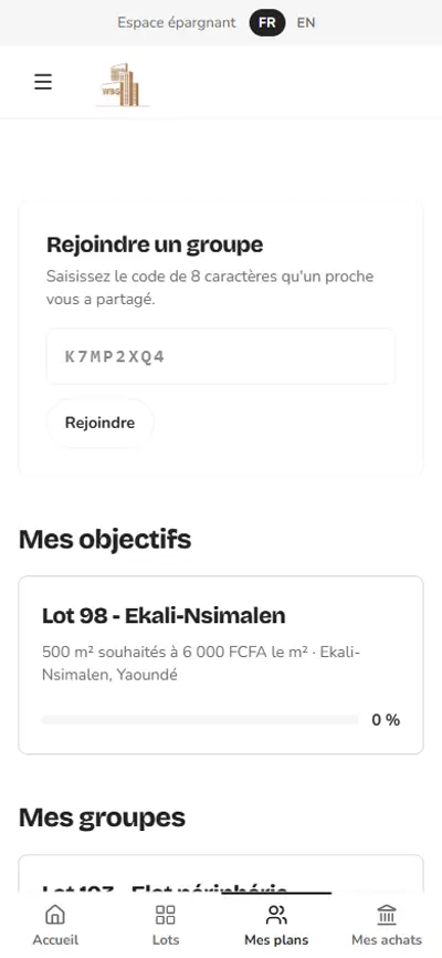 Application WBG Immo : champ pour rejoindre un groupe et liste des objectifs